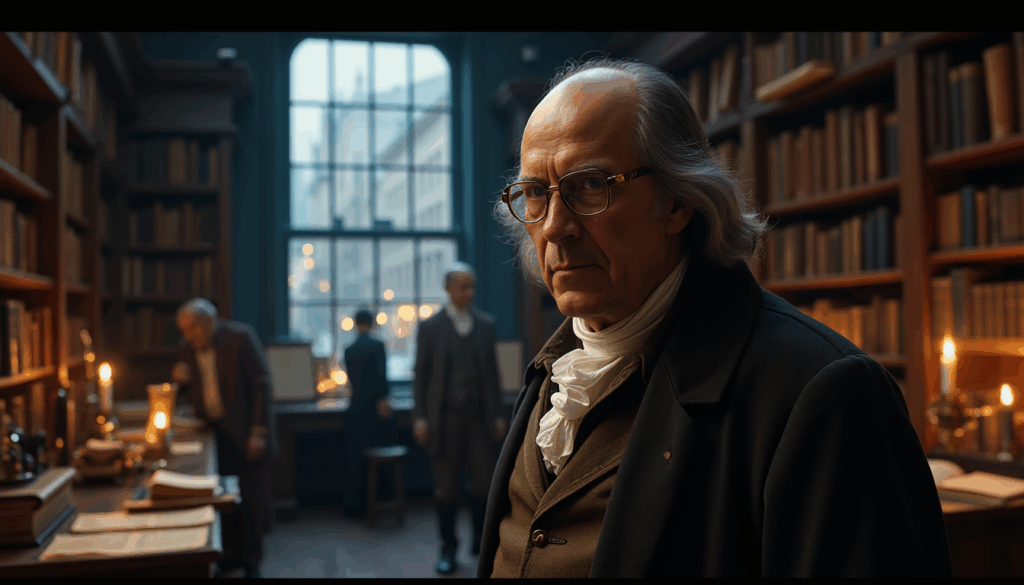Benjamín Franklin en una sala iluminada por velas.