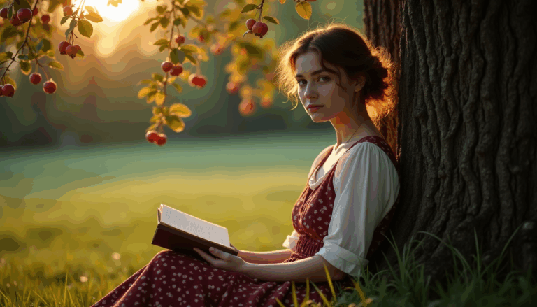 Helen Keller bajo un roble, explorando un libro en Braille.