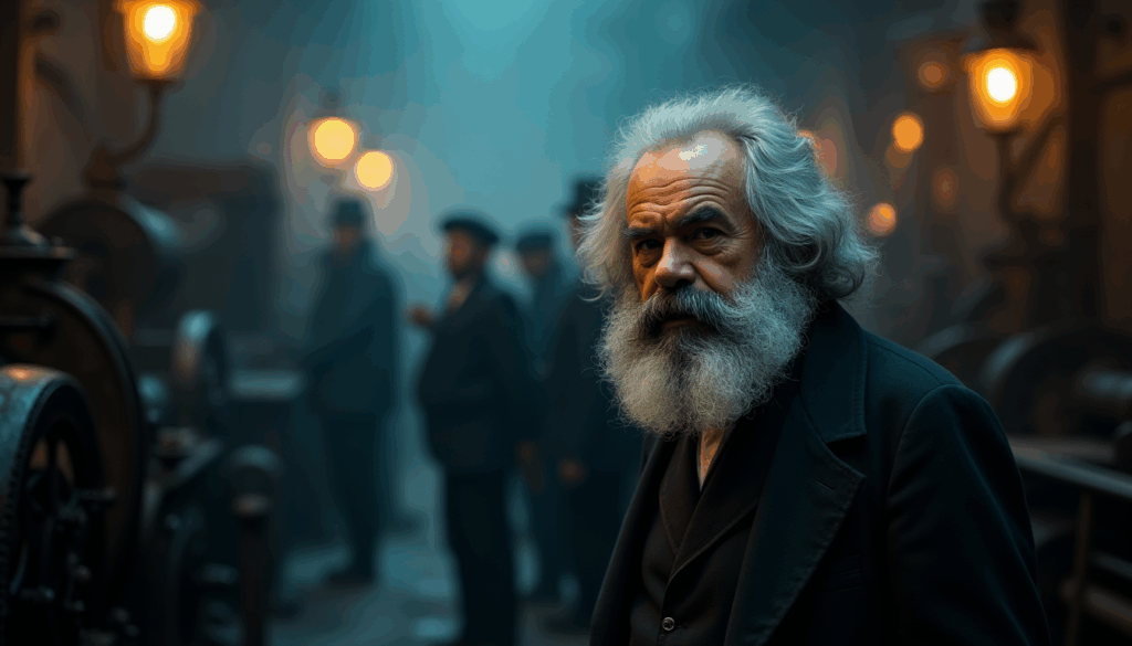 Karl Marx rodeado de obreros en una fábrica londinense.