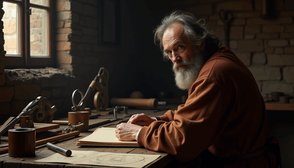 Leonardo da Vinci reflexionando en su taller oscuro.