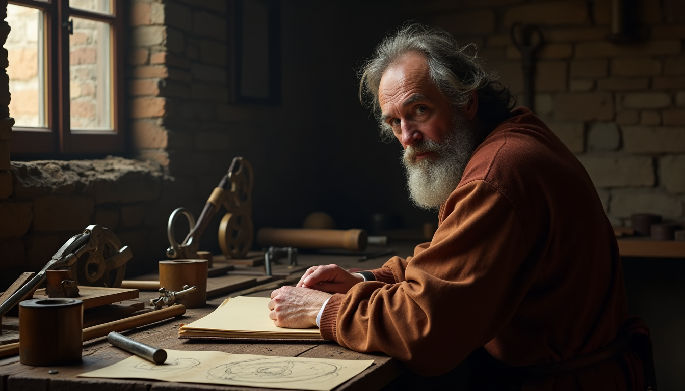 Leonardo da Vinci reflexionando en su taller oscuro.