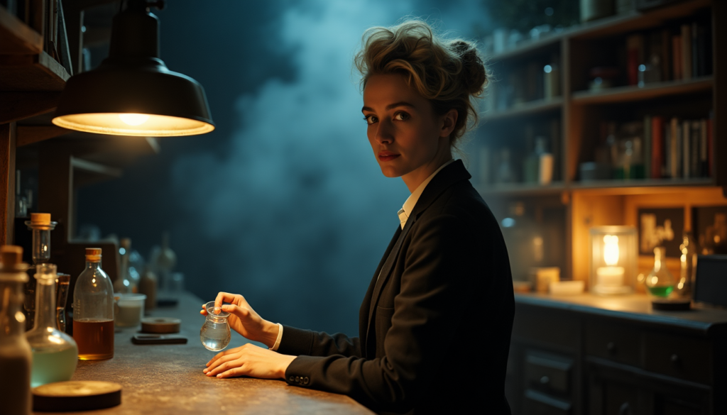 Marie Curie en su laboratorio en París, iluminada por una lámpara.