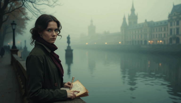 Mary Wollstonecraft escribiendo junto al río Támesis en Londres.