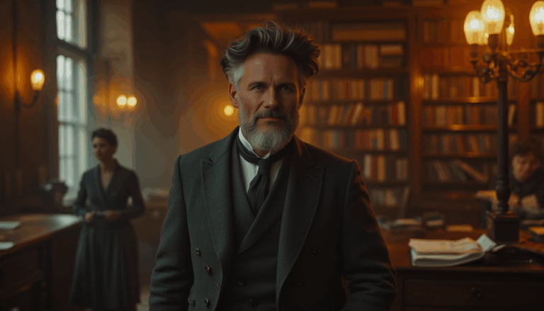 Darío Naviar en una biblioteca victoriana iluminada