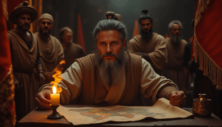 Darío Naviar contemplando un mapa en tienda antigua.