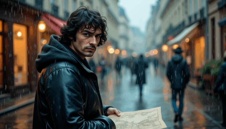 René Descartes sobre un mapa en París, 1641, con reflexión profunda.