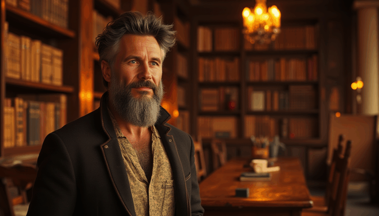 Darío Naviar en una biblioteca antigua iluminada