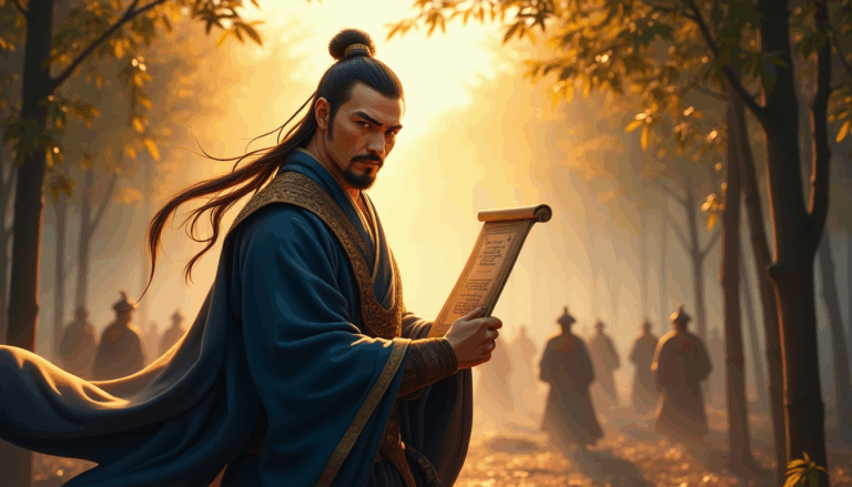 Retrato de Sun Tzu en el Estado de Wu, contemplativo y estratégico.