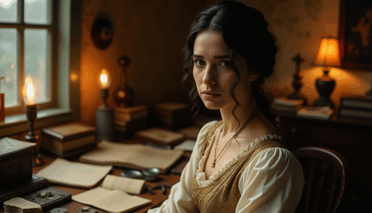 Ada Lovelace, rodeada de cuadernos y engranajes en 1842.