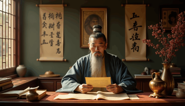 Confucio contemplativo en su estudio con scrolls