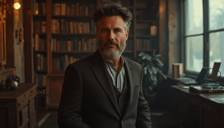 Darío Naviar en una oficina del siglo XX, iluminado por luz cálida.