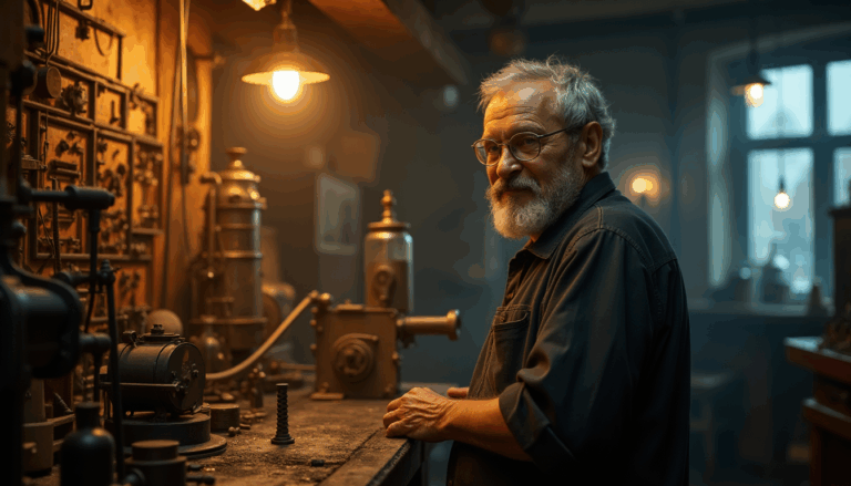 Leonardo Torres Quevedo rodeado de sus creaciones mecanicas