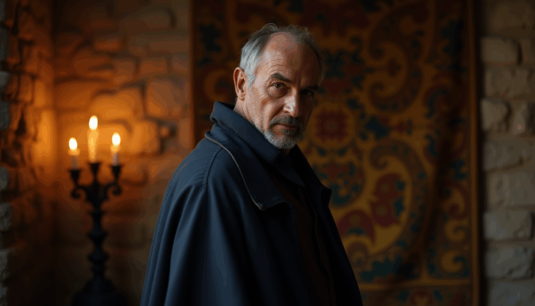 Niccolò Machiavelli en un salón dimly iluminado en Florencia.