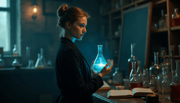 Marie Curie observa el resplandor en su laboratorio en París 1911.