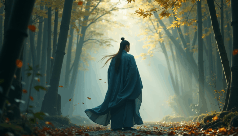 Sun Tzu en un jardín de bambú lleno de brumas.