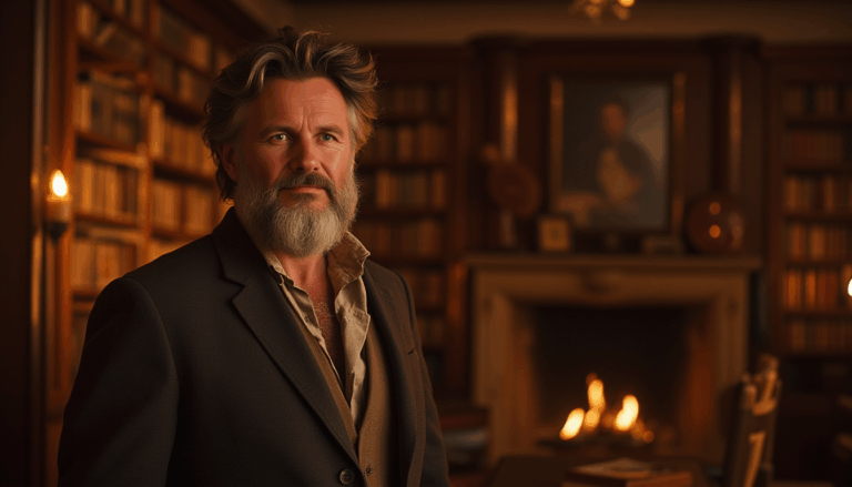 Darío Naviar en una biblioteca del siglo XIX iluminada por fuego.