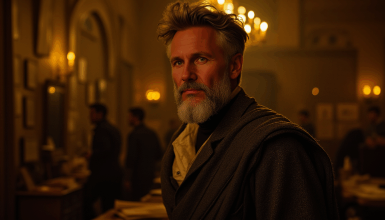 Darío Naviar en un cuarto con luz cálida y manuscritos.