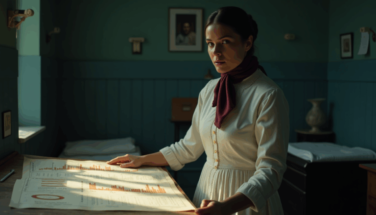 Florence Nightingale revisando gráficos en un hospital de Londres en 1860.