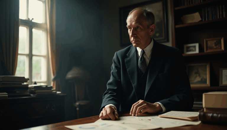 John Maynard Keynes en su estudio, rodeado de gráficos económicos.