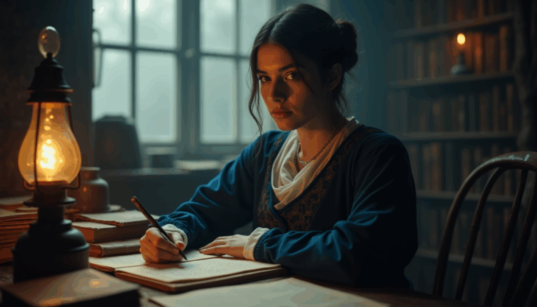 Ada Lovelace pensativa en una biblioteca victoriana