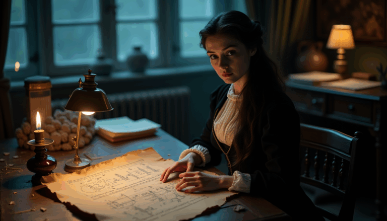 Ada Lovelace en un estudio con manuscritos, 1843.