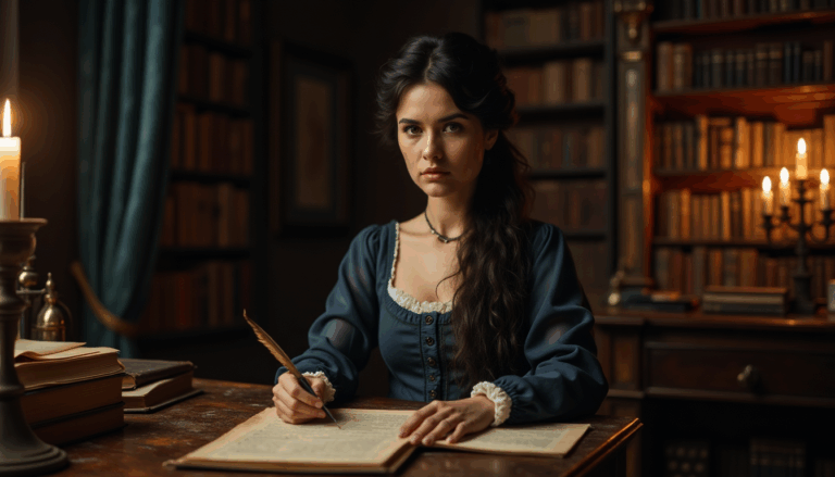 Mary Shelley en su estudio, reflexionando sobre la creación