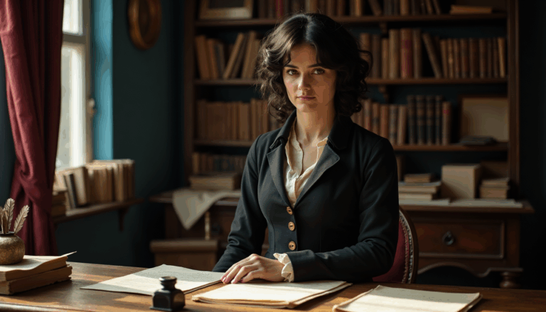 Mary Wollstonecraft en una habitación iluminada, rodeada de libros.