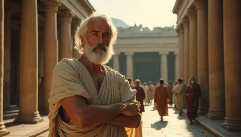 Sócrates en la antigua Atenas discutiendo filosofía.