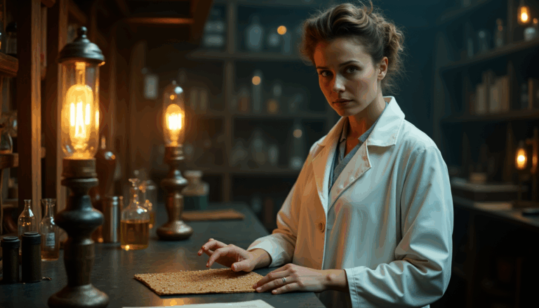 Marie Curie en laboratorio, sosteniendo material radiactivo.