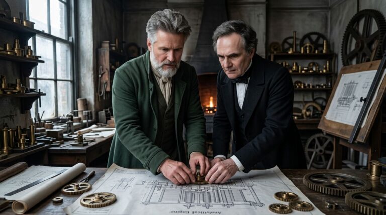 Babbage y engranajes sobre planos, conectando computación mecánica con IA y centros de datos.