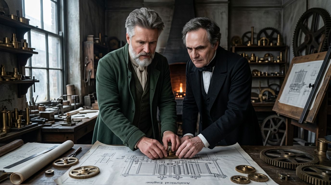 Babbage y engranajes sobre planos, conectando computación mecánica con IA y centros de datos.