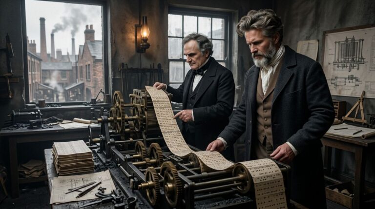 Babbage ordena tarjetas perforadas; símbolos de instrucción, auditoría y responsabilidad para agentes IA.