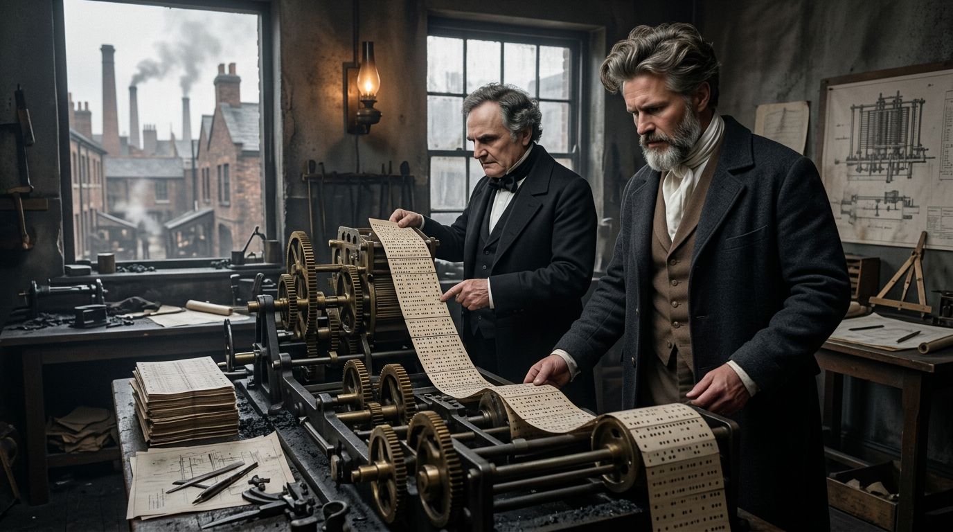Babbage ordena tarjetas perforadas; símbolos de instrucción, auditoría y responsabilidad para agentes IA.