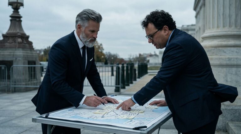 Mapa futurista con hilos de datos y nodos de cómputo debatiendo guardrails de IA.