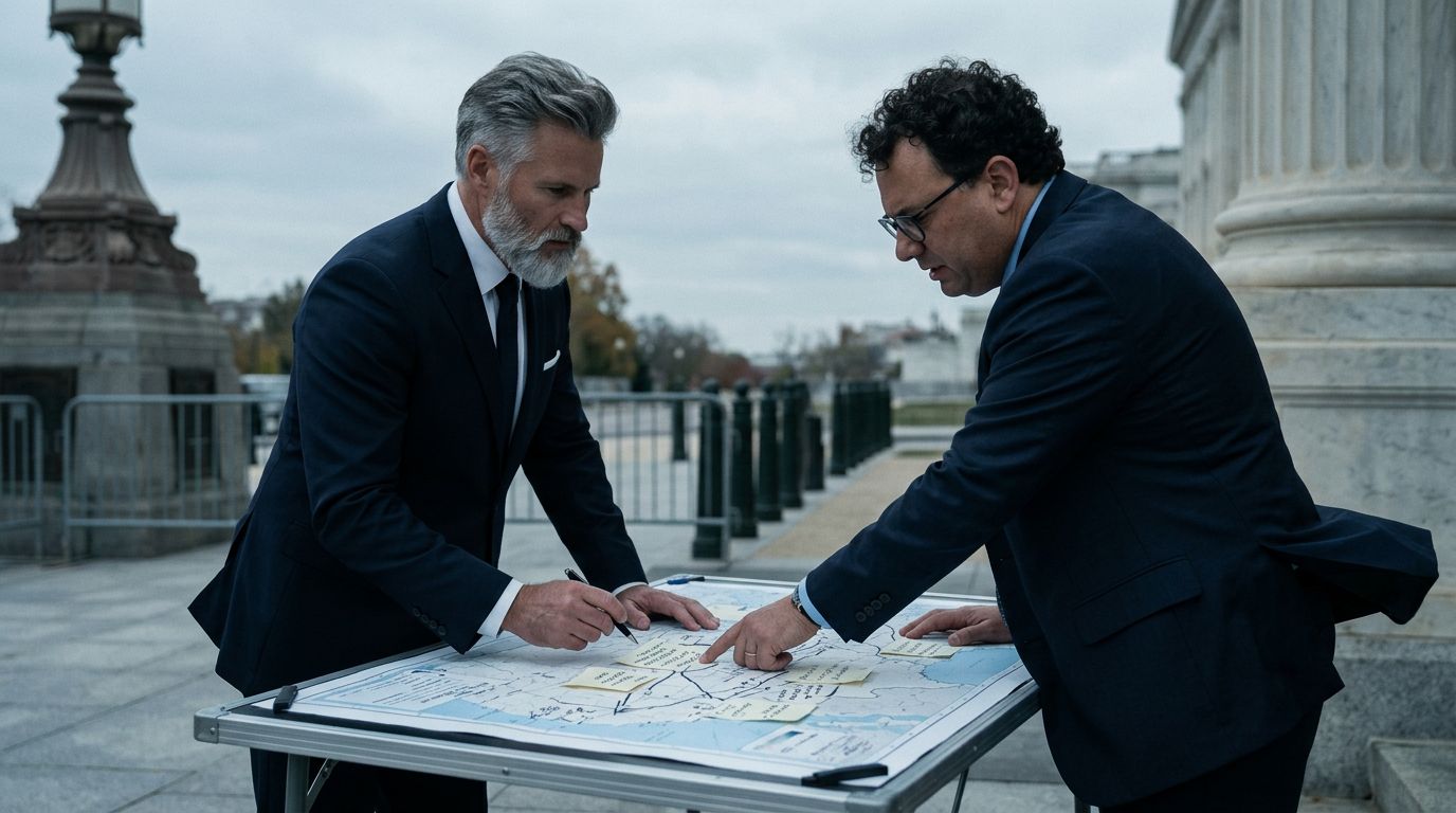 Mapa futurista con hilos de datos y nodos de cómputo debatiendo guardrails de IA.