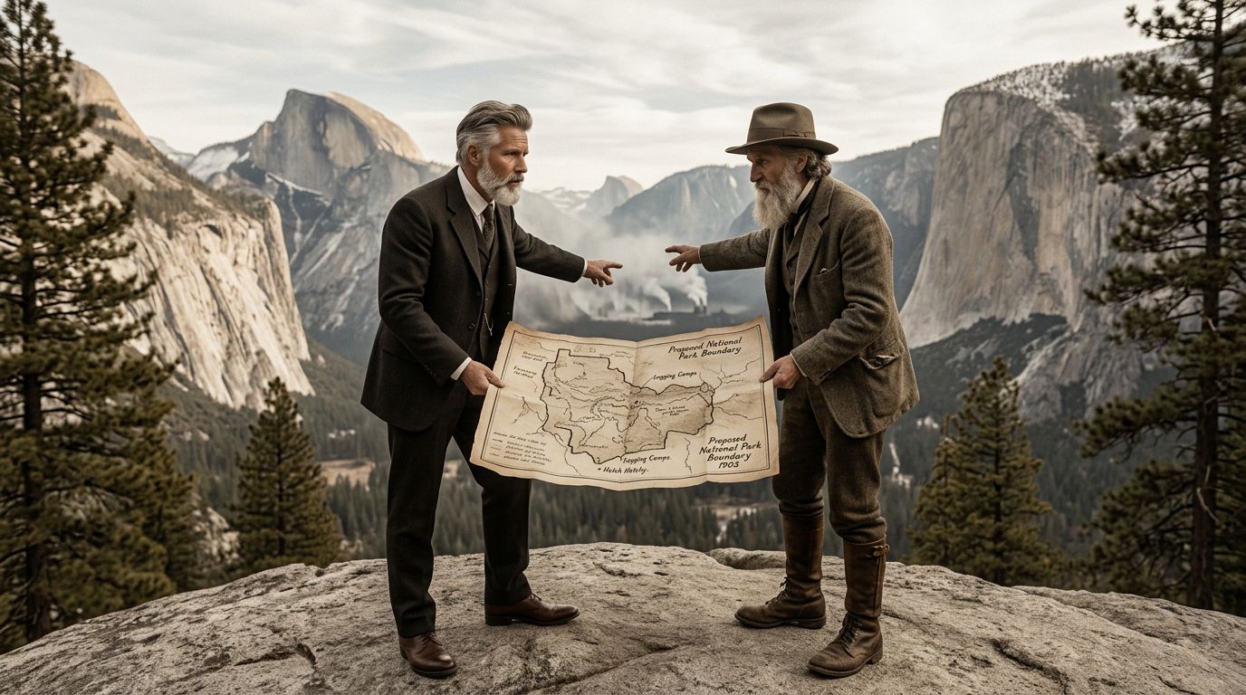 John Muir en Yosemite, simbolizando el costo ambiental y la salud por centros de datos de IA.