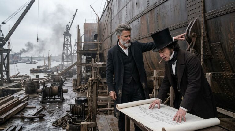 Brunel revisa planos del Great Eastern en obras de Millwall, Londres, con remaches y casco.