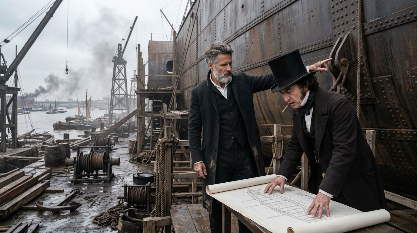 Brunel revisa planos del Great Eastern en obras de Millwall, Londres, con remaches y casco.